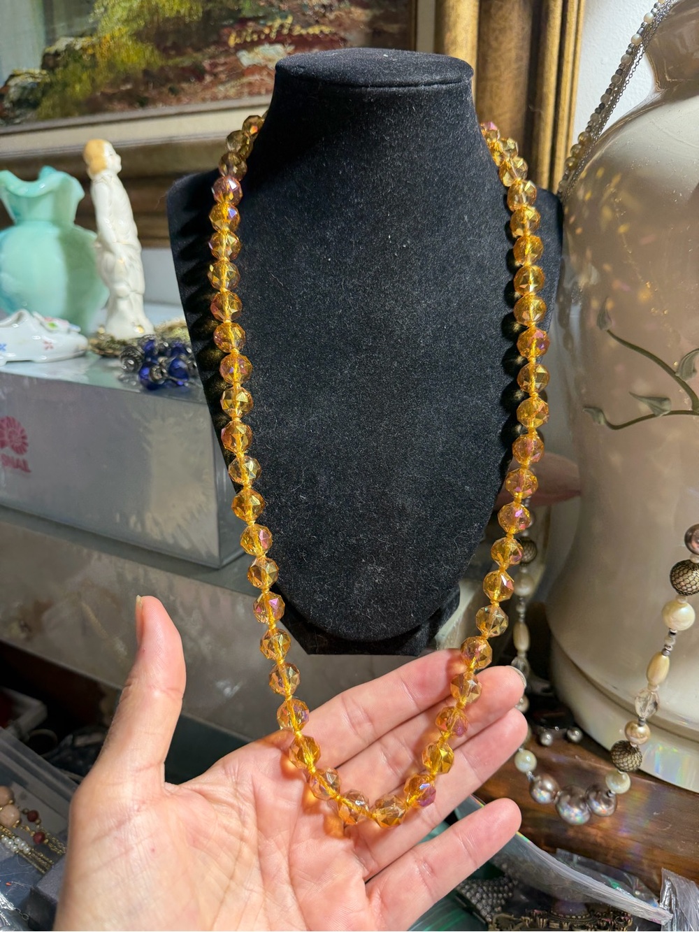 Vintage Golden Crystal Aurora Borealis Faceted Beaded Necklace